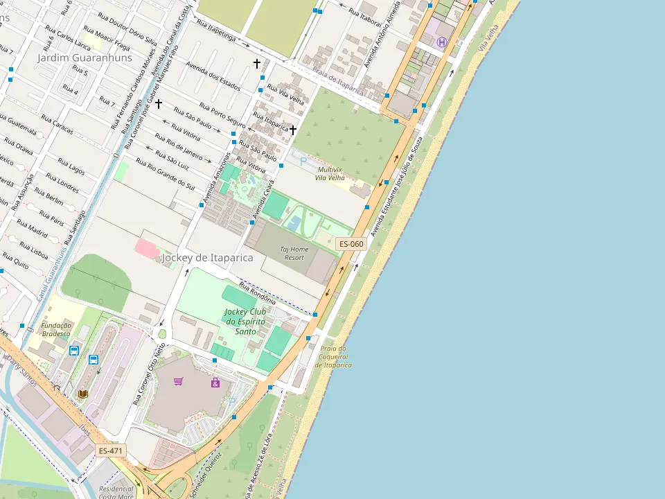 Mapa da Praia de Itaparica com a localização do Café de la Musique Vila Velha, na Avenida Estudante José Júlio de Souza